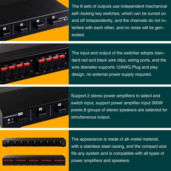 LYNEPAUAIO B028 2 In 8 Uit Eindversterker en Luidsprekerbox Switcher, 8 Kanaals Luidspreker 2 in 8 out zwart