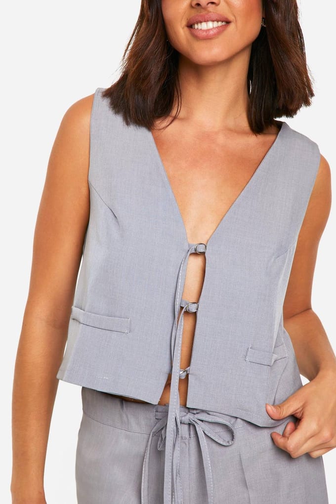 boohoo Dames Tie Front Tailored Waistcoat | Grey Marl | Maat: 6