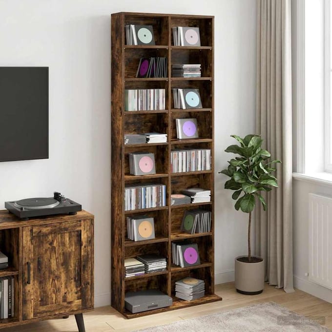 vidaXL - CD - Kast - Gerookt - eiken - 65 - x - 23,5 - x - 175 - cm - Bewerkt - hout