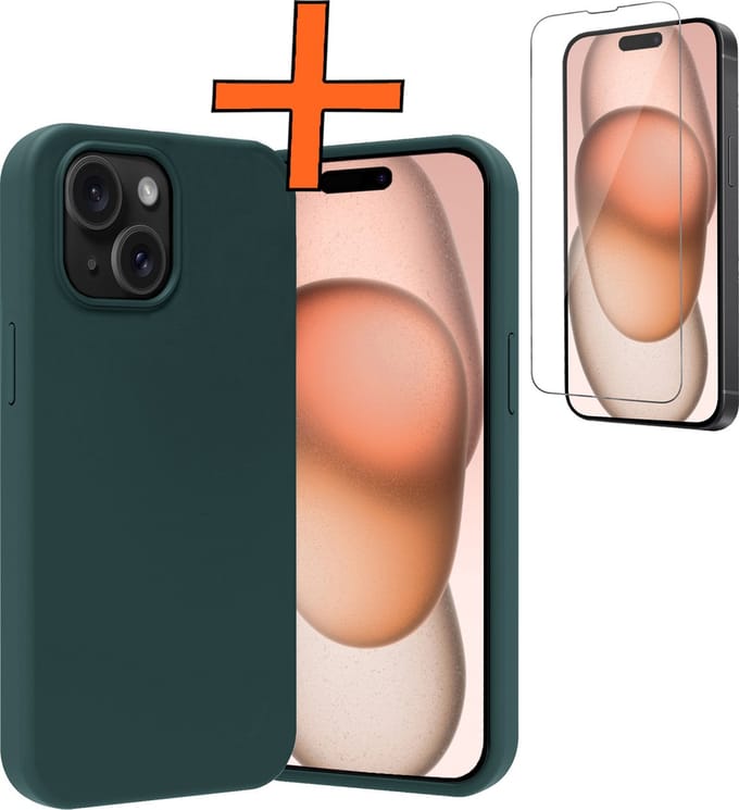 Hoes - Met Screenprotector - Geschikt voor Apple iPhone 15 Plus - Sterk & Shockproof - Back Cover - Siliconen Case - Telefoon Hoes - Donkergroen