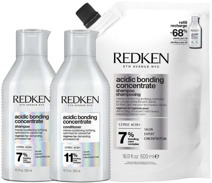 Redken - Acidic Bonding Concentrate Shampoo 300 ml + Refill 500 ml + Conditioner 300 ml - Set