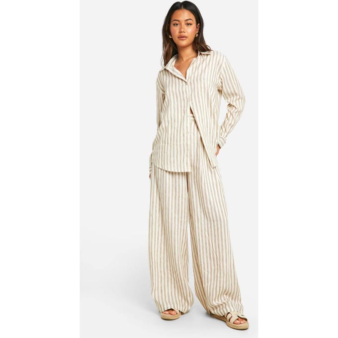 boohoo Dames Stripe Linen Look Wide Leg Trousers | Ecru | Maat: 42