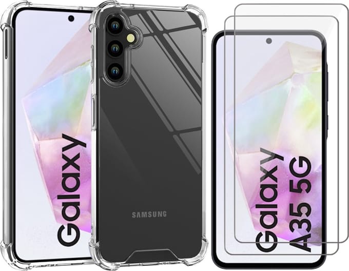 Hoesje geschikt voor Samsung Galaxy A35 - 2x Screenprotector Glas - Shockproof Transparant