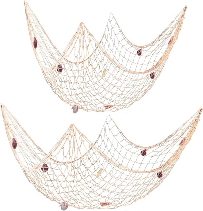 Decoratief Visnet - Schelpen Net - Maritieme Decoratie - Met Echte Schelpen - 2 Maten Set - Natuurlijk Wit
