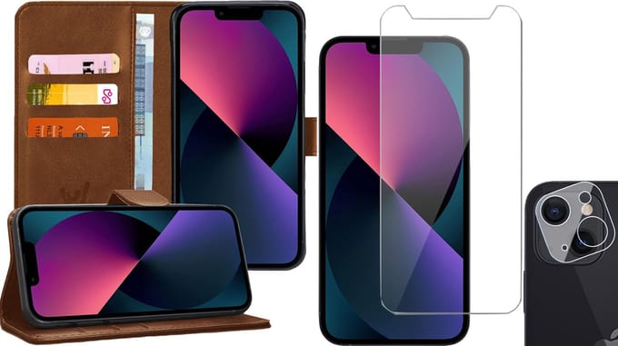 Hoesje geschikt voor iPhone 13 Mini - Book Case Kunstleer Wallet - Bruin - Met Screenprotector en Camera Screen Protector