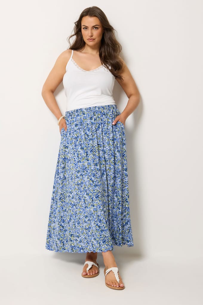 Yours Blauwe Bloemenprint Maxi Rok Size 48
