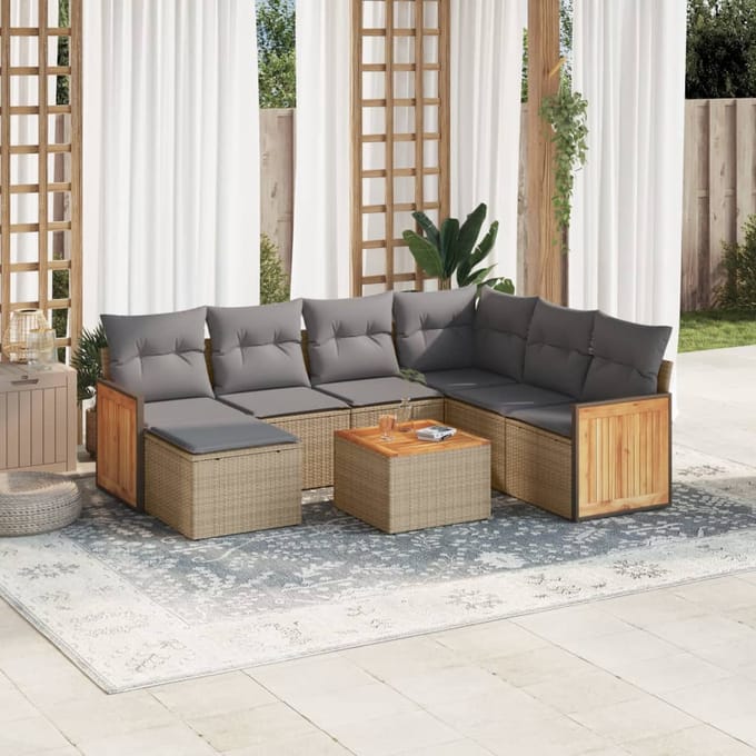 vidaXL - 8-delige - Loungeset - met - kussens - poly - rattan - beige