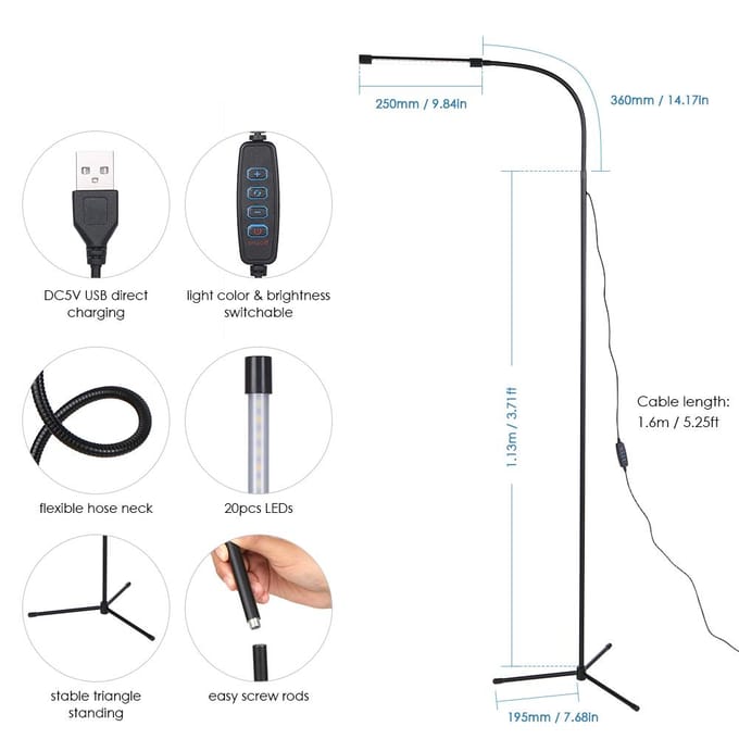 Dimbare USB vloerlamp LED's staande lamp 3 kleurtemperaturen 10 helderheidsniveaus Hoge lumens Schakelbediening zwart