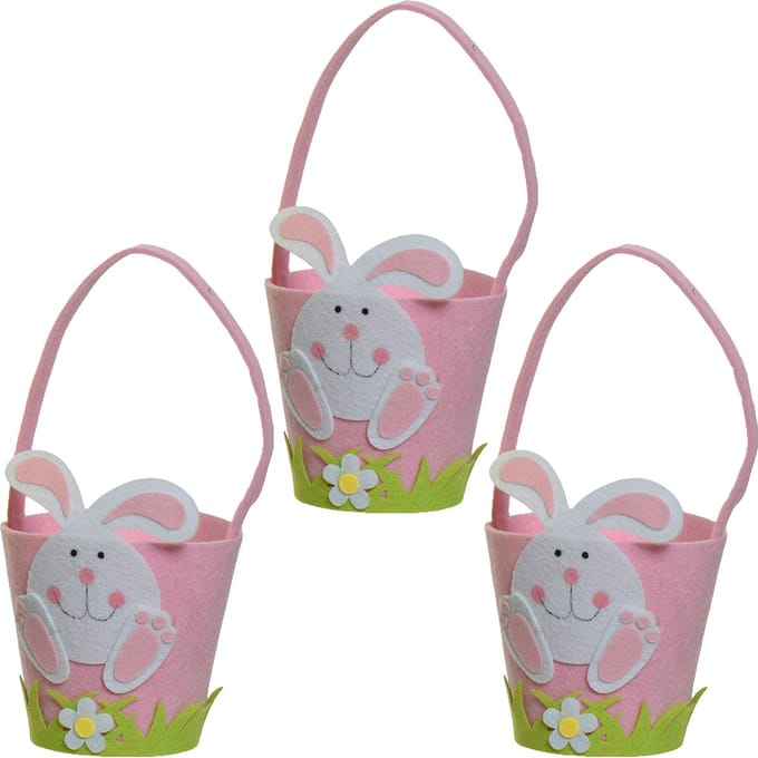 Decoris Paasmandjes met Paashaas - 3x - vilt - roze - D15 x H31 cm