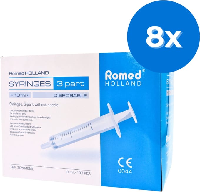 Romed 3-delige injectiespuiten 10ml luer slip 800 stuks - Set van 8 doosjes Romed