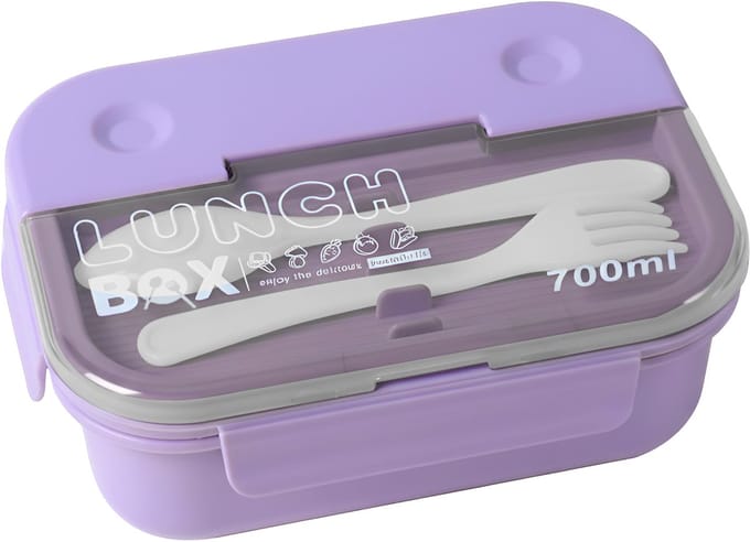 Cheffinger, Voedselcontainer 700ml 3 Compartimenten met Lepel en Vork, Paars