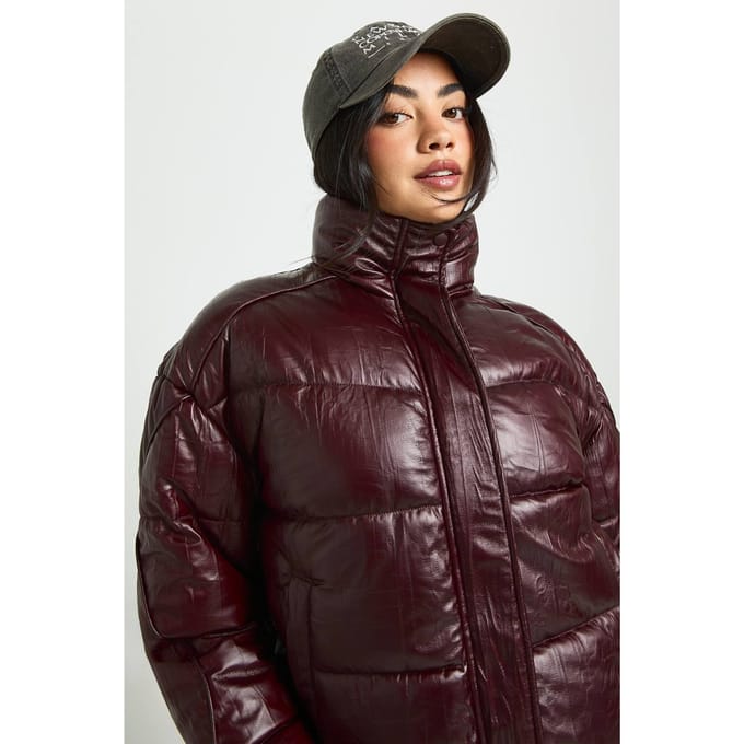 boohoo Dames Faux Leather Puffer Jas | Bordeaux Rood | Maat: 42