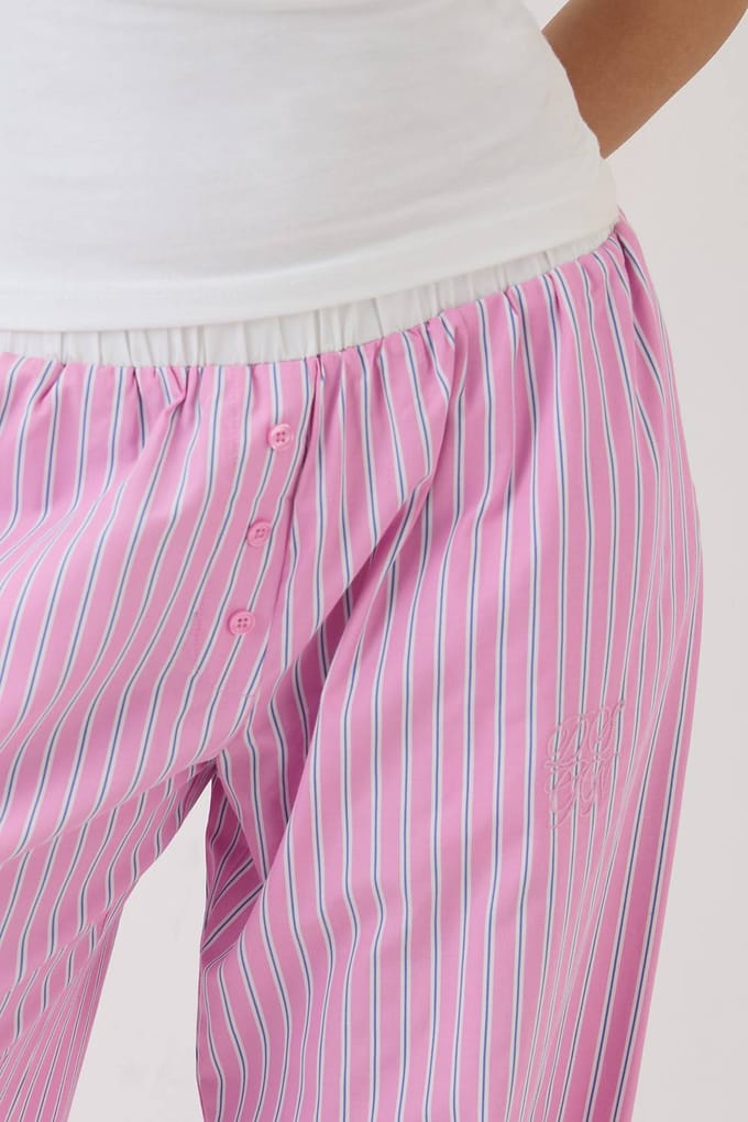 Dames Dsgn Studio Henley Knoop Katoenen Poplin Gestreepte Rechte Pijp Broek | Pink | Maat: Medium