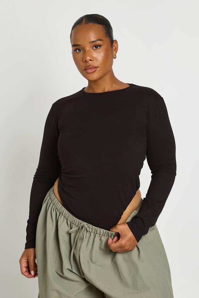 boohoo Dames Plus Basic Lange Mouw Ronde Hals Bodysuit | Zwart | Maat: 56