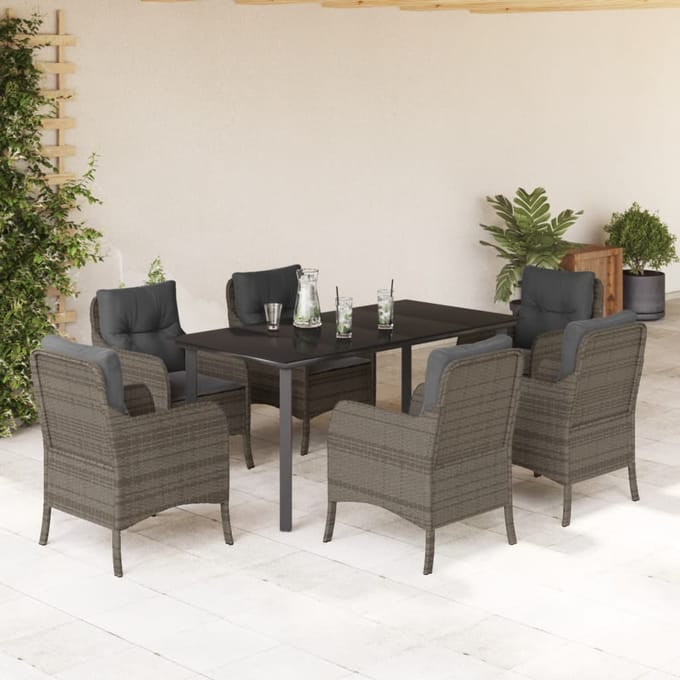 vidaXL - 7-delige - Tuinset - met - kussens - poly - rattan - grijs