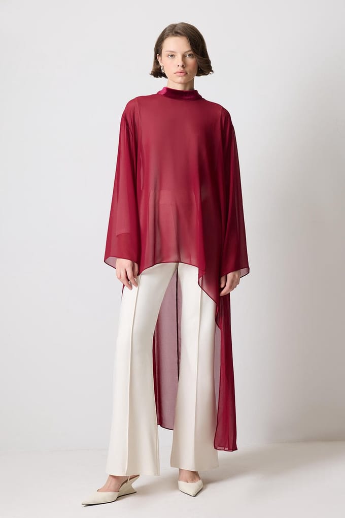 Touché Privé - Chiffon tuniek met fluwelen details - Bordeaux - Dames