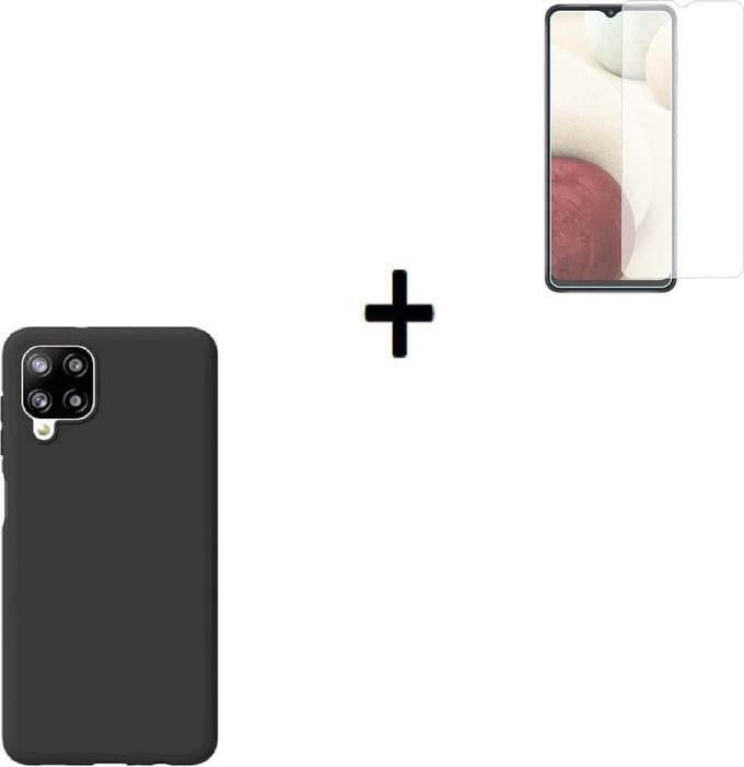 Samsung Galaxy A12 Hoesje - Siliconen - Samsung A12 Screenprotector - Hoesje Zwart Case + Screenprotector P