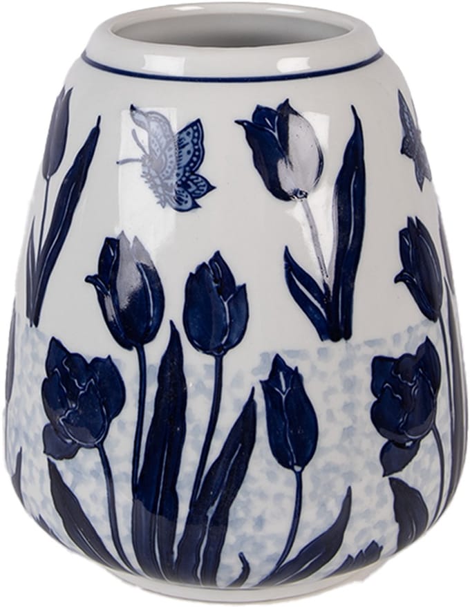 Clayre & Eef Vaas Ø 16x18 cm Wit Blauw Keramiek