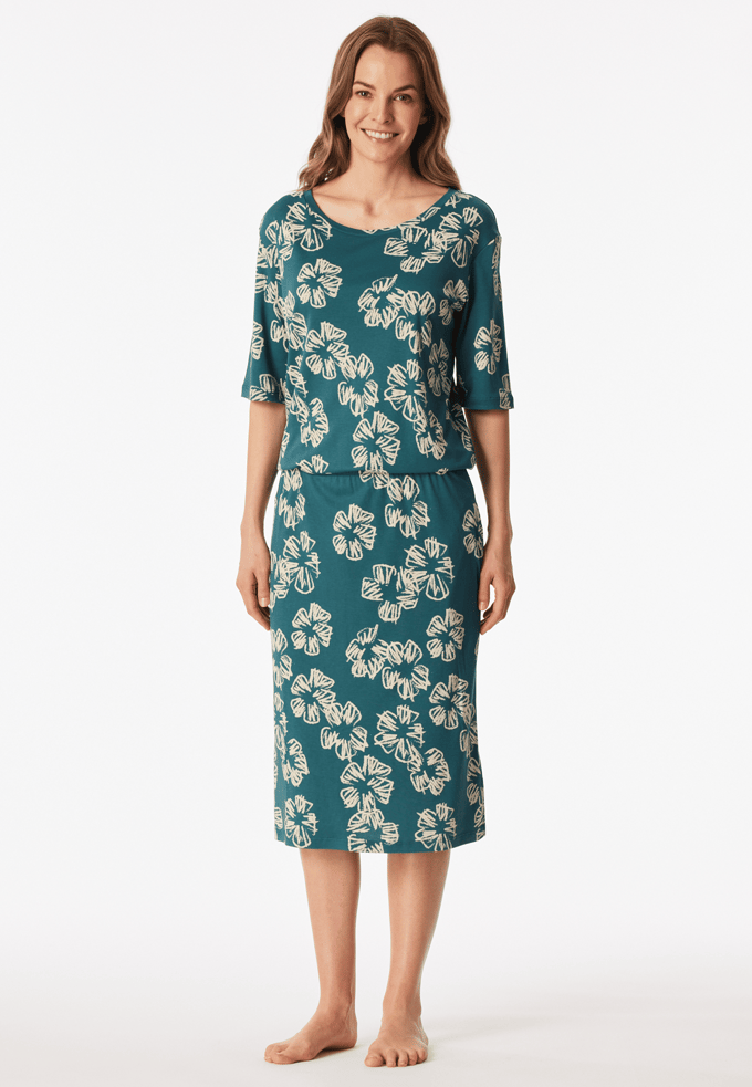 Nachthemd met korte mouwen, interlock, elastische tailleband, bloemenmotief, groen - Modern Nightwear 48