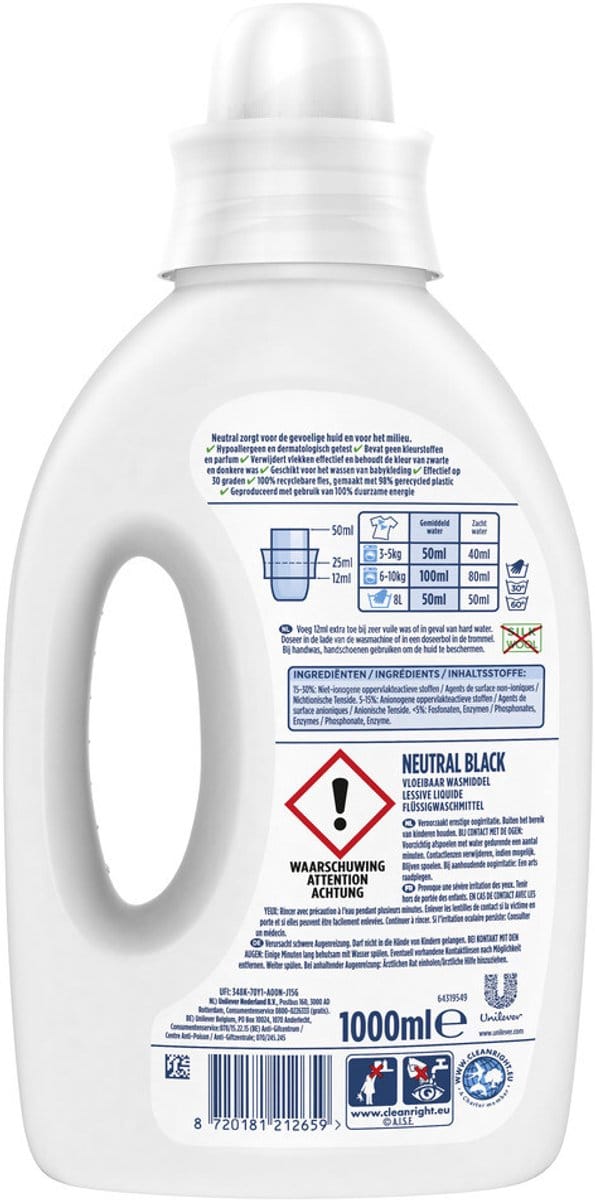 Neutral - Vloeibaar Wasmiddel Zwart - 1 liter - 20 wasbeurten