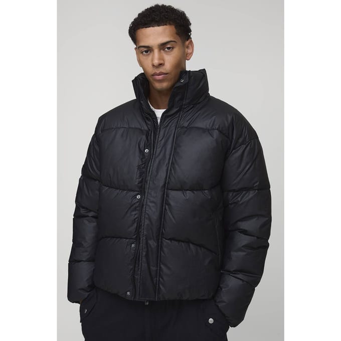 Regular Fit Crinkle High Shine Panelled Funnel Neck Puffer Jacket | Black | Size Medium