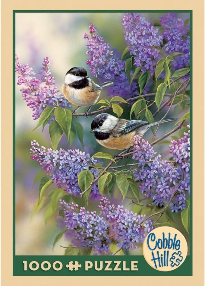 Puzzel 1000 stukjes - Chickadees en seringen met sample poster