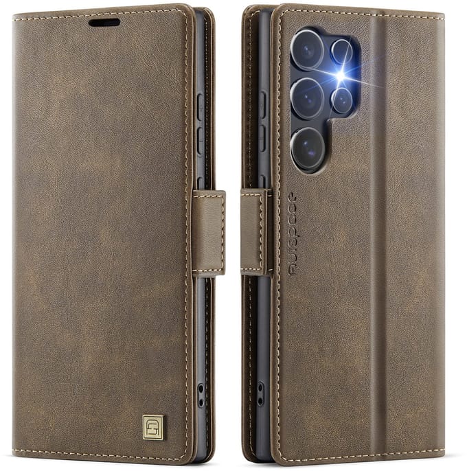 PU Lederen Wallet Case met RFID Bescherming en Magneetsluiting voor Galaxy S25 Ultra _ Bruin