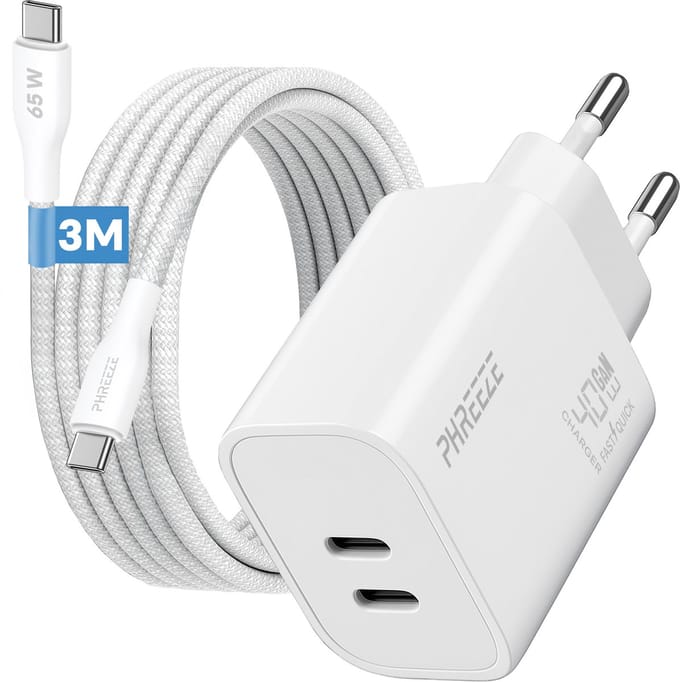 Phreeze usb C oplader 40w met usb C naar usb C kabel 3 meter - Super fast charger - Power Delivery oplader met dubbele usb C poorten