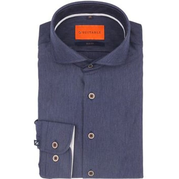 Suitable Herringbone Overhemd Donkerblauw (navy) - Maat 41 - Heren - Overhemden Formeel