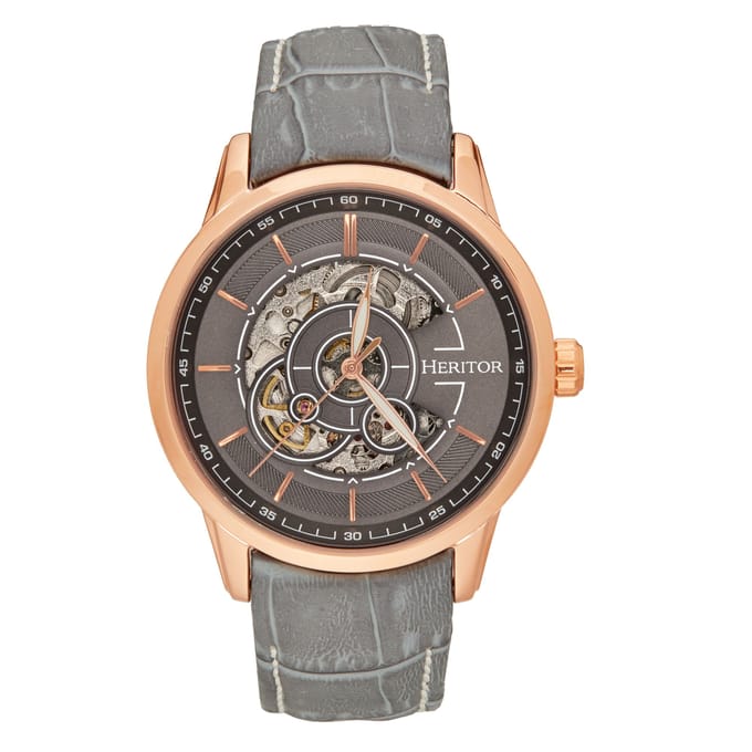 Heritor Automatic Davies Semi-Skelet leren band horloge - Roségoud/grijs