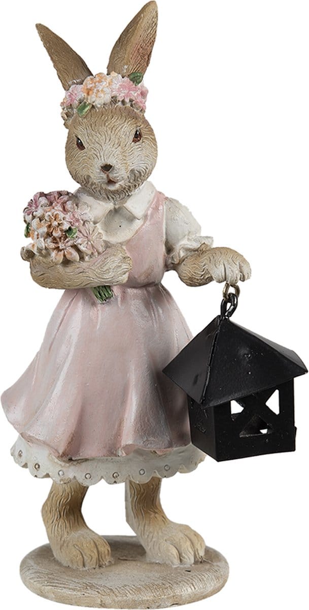 Clayre & Eef Beeld Konijn 7x6x14 cm Roze Beige Polyresin Woonaccessoires