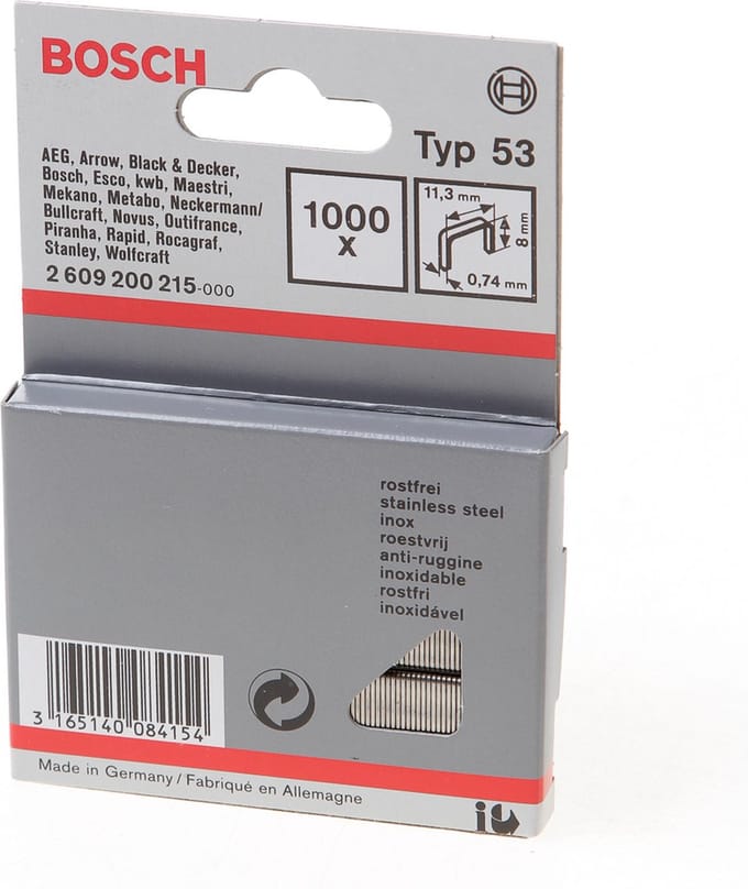 Fijndraadnieten type 53, 11,4 x 0,74 x 8 mm, verpakking van 1000 stuks, roestvrij 1000 stuk(s) Bosch Accessories 2609200215 Afm. (l x b) 8 mm x 11.4 mm