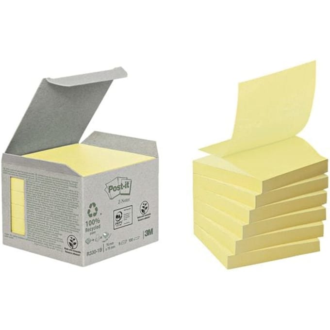 Post-it® sticky notes gerecycled Z-Notes R330-1B, B 76 x D 76 mm, PEFC® papier, geel, 6 pads, 100 vellen/pad