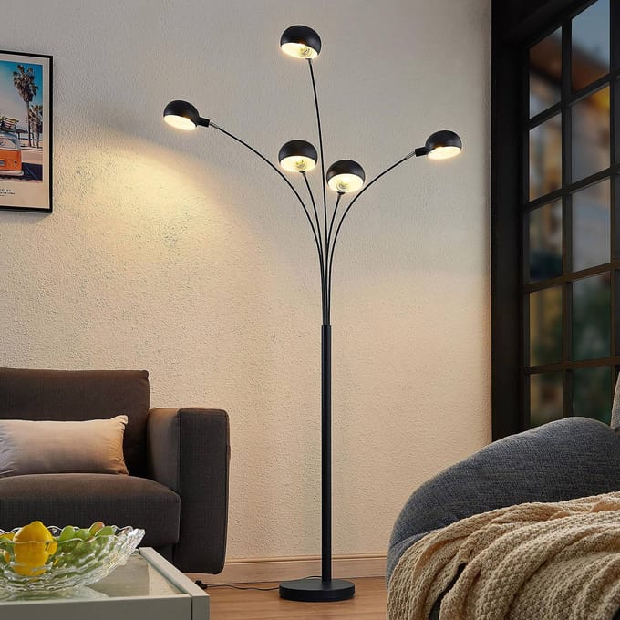 Lindby - vloerlamp - 5lichts - Staal - H: 198 cm - E14 - mat zwart, mat nikkel