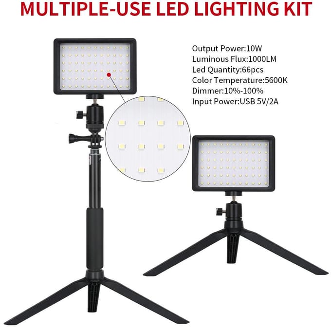 2-pack desktop USB LED-videolampenset met 2 * dimbaar invullicht 5600K + 2 * uitschuifbaar statief zwart
