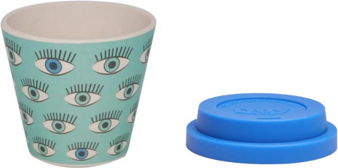 Quy Cup - 90ml Ecologische Reis Beker - Espressobeker “Eyes” met Blauw Siliconen deksel