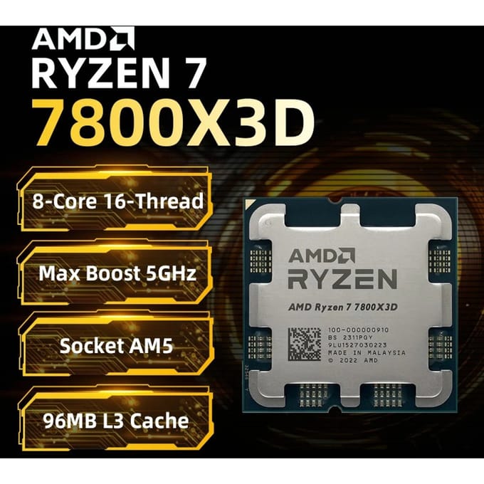 AMD Ryzen 7 7800X3D |   Compatibel met moederborden uit de 600/800-serie |   96MB 3D-cache |   8-core 16-thread (geen ventilator inbegrepen)