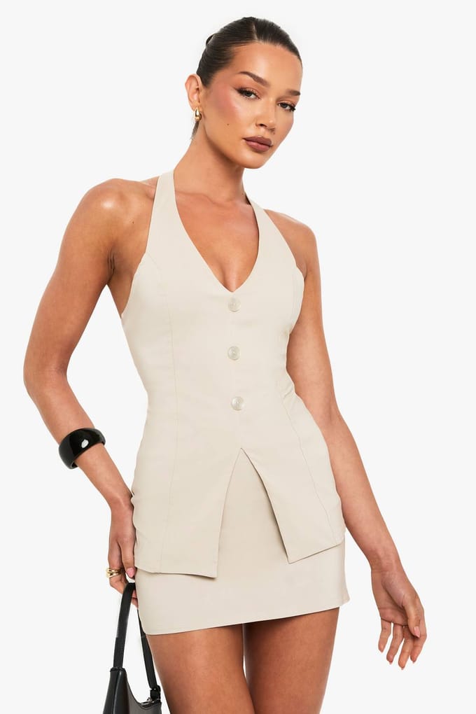 boohoo Dames Bengaline Gilet Met V-hals En Verlengde Pasvorm | Stone | Maat: 6