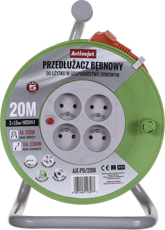 Activejet PB-Serie - Kabelhaspel Verlengsnoer - 20m - Ergonomische Handgreep