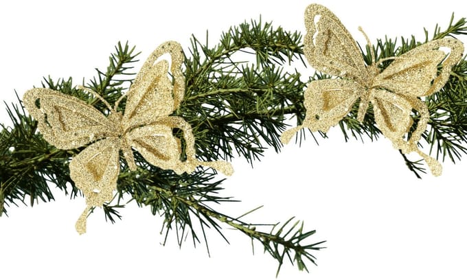 Kerstboomversiering Vlinder - 2x - 14 cm - goud glitter - op clip - ornament