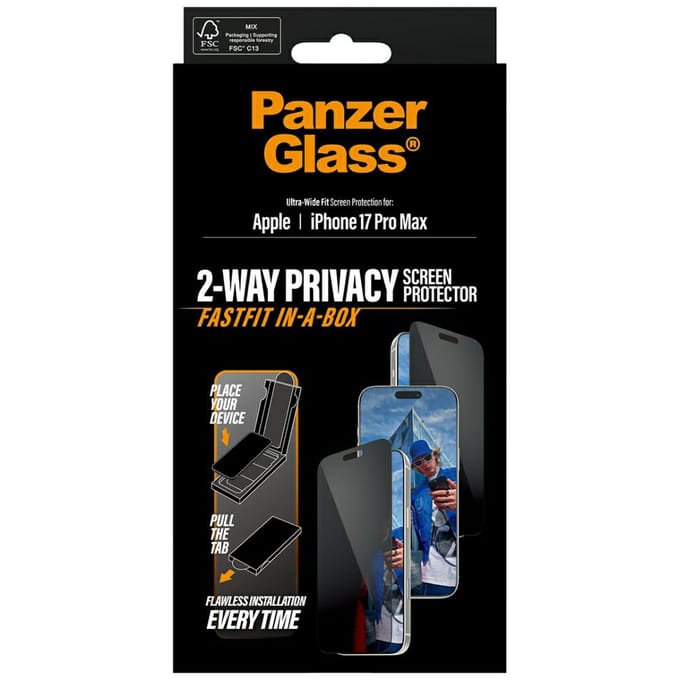 PanzerGlass Screenprotector geschikt voor Apple iPhone 17 Pro Max Glazen | PanzerGlass FastFit Screenprotector Privacy - Case Friendly - Zwart