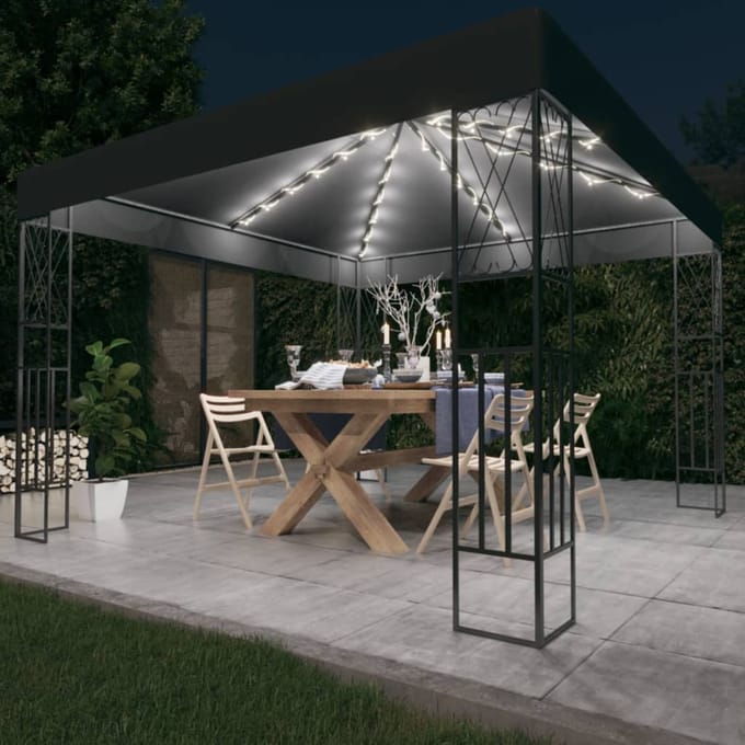 vidaXL - Prieel - met - LED-lichtslinger - 3x3 - m - stof - antracietkleurig