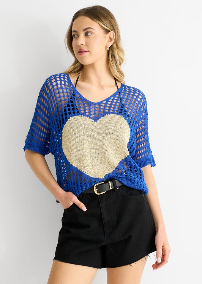 Blauwe visnet top met hartjespatroon, gehaakt