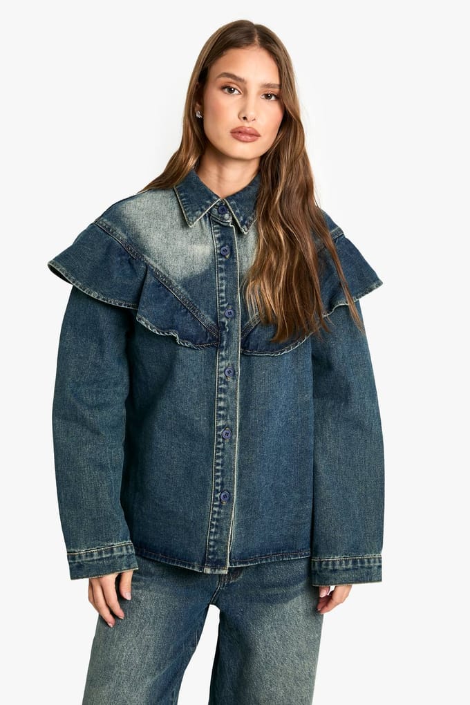boohoo Dames Frill Detail Denim Shirt | Medium Blauw | Maat: 36