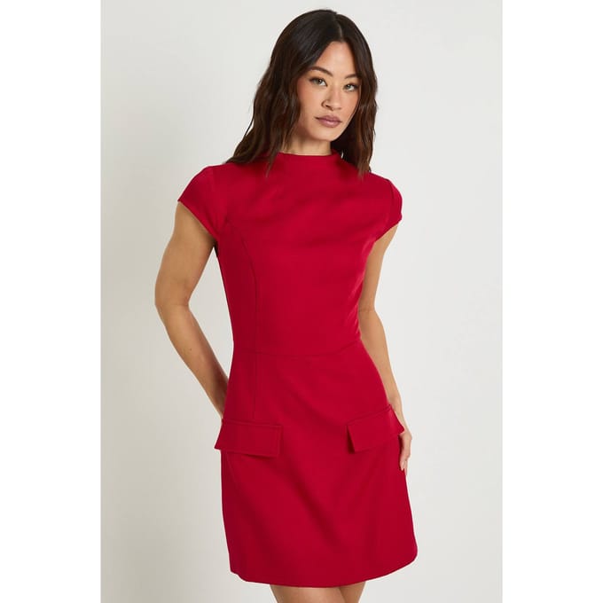 boohoo Dames Lange hoge halslijn gestructureerde op maat gemaakte mini-jurk | Dark Cherry | Maat: 6