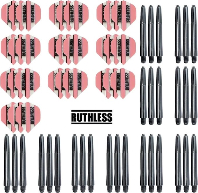 Darts Set - 10 Sets Ruthless Flights – darts flights – Roze – plus 10 sets Dragon – darts shafts – medium