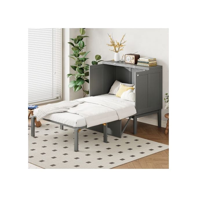 Lit télescopique - MUVOE - 90x200cm - Gain de place - Design morphing - Couleur grise gris