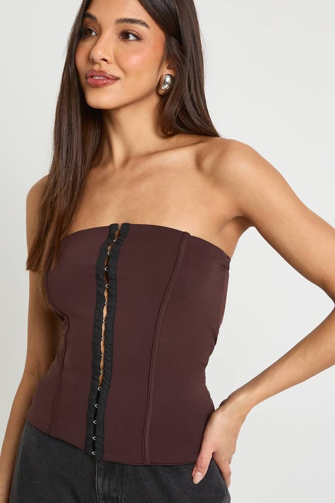boohoo Dames Cotton Touch bandeaukorset met haak-en-oogsluiting | Chocolate | Maat: 12