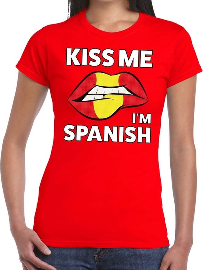 Kiss me I am Spanish t-shirt rood dames - feest shirts dames - Spanje kleding M