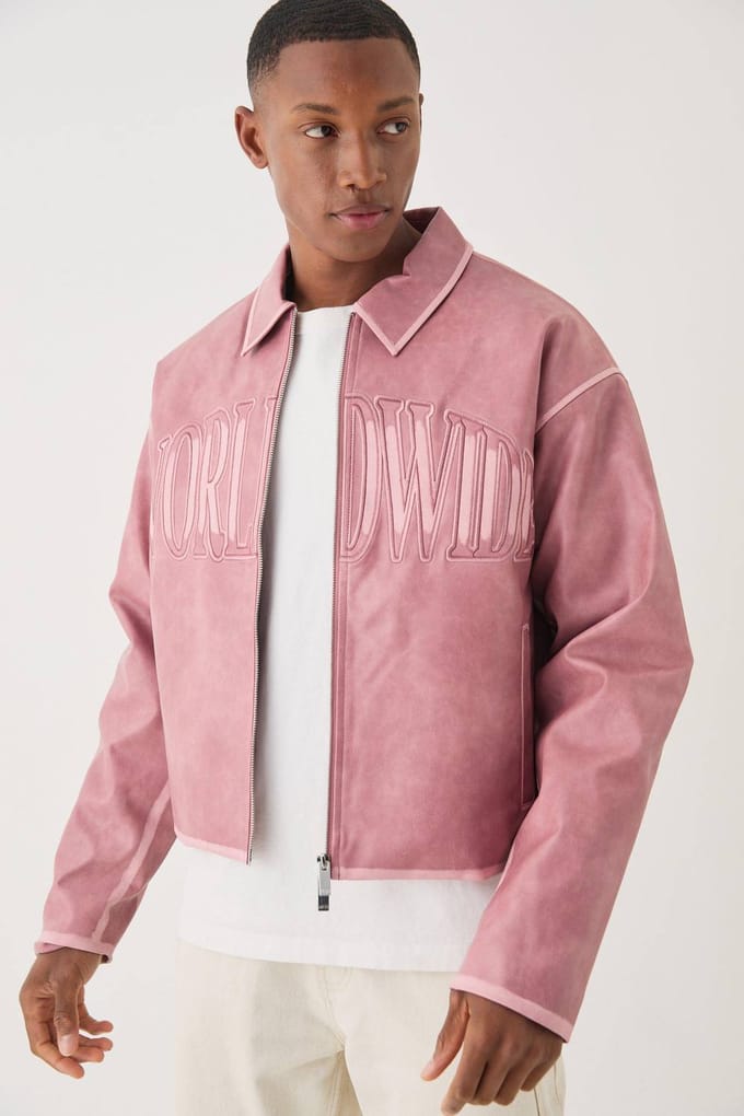 Boxy Tumble PU Applique Harrington Jas In Roze | Pink | Size Medium